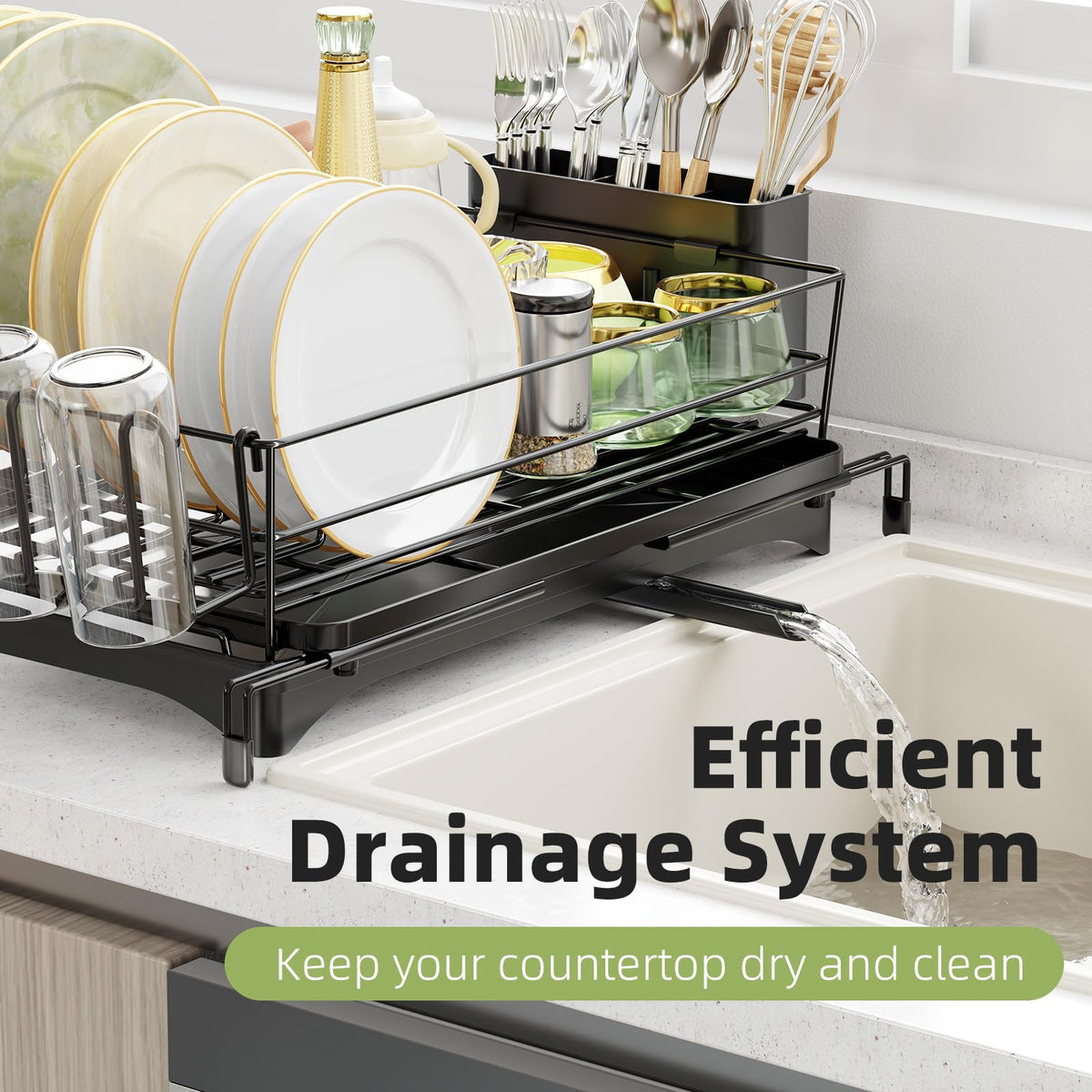 Ekisemio dish drainer with drip tray channels water to sink.
