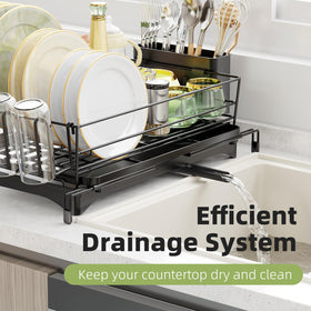 Ekisemio dish drainer with drip tray channels water to sink.
