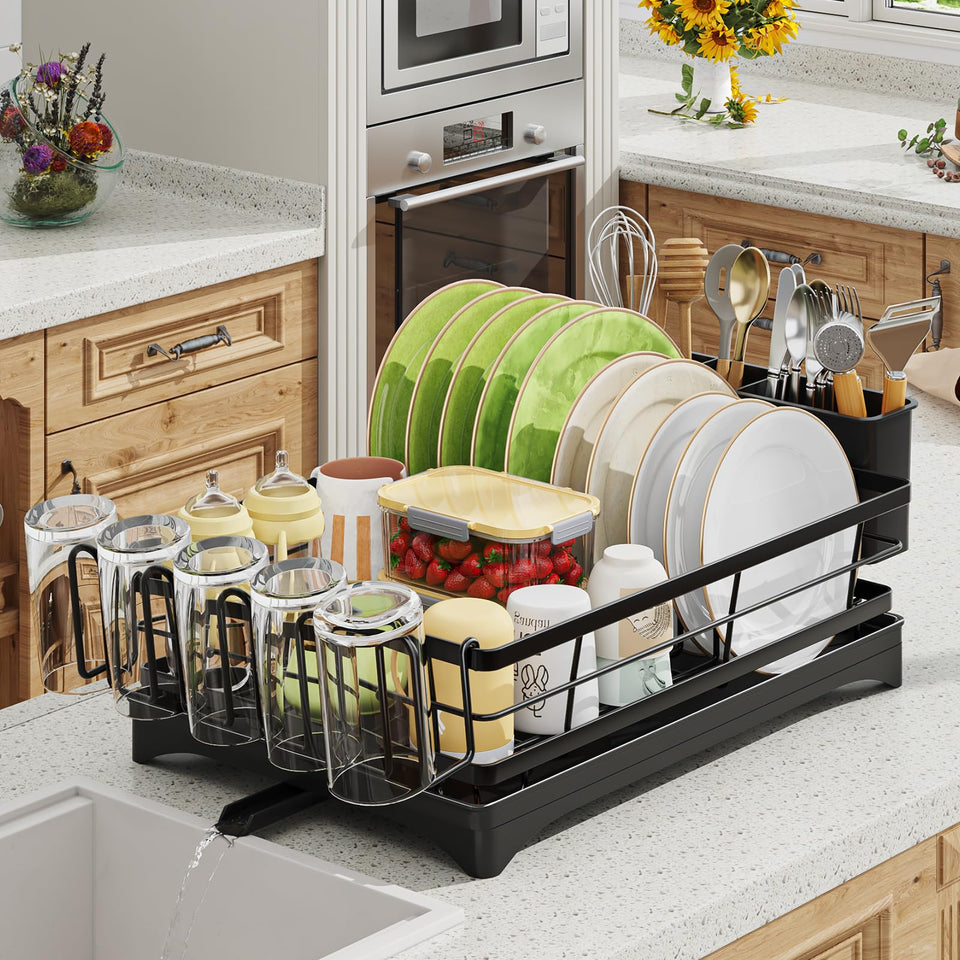 Ekisemio dish drying rack front view shows compact, space-saving design beside the sink.