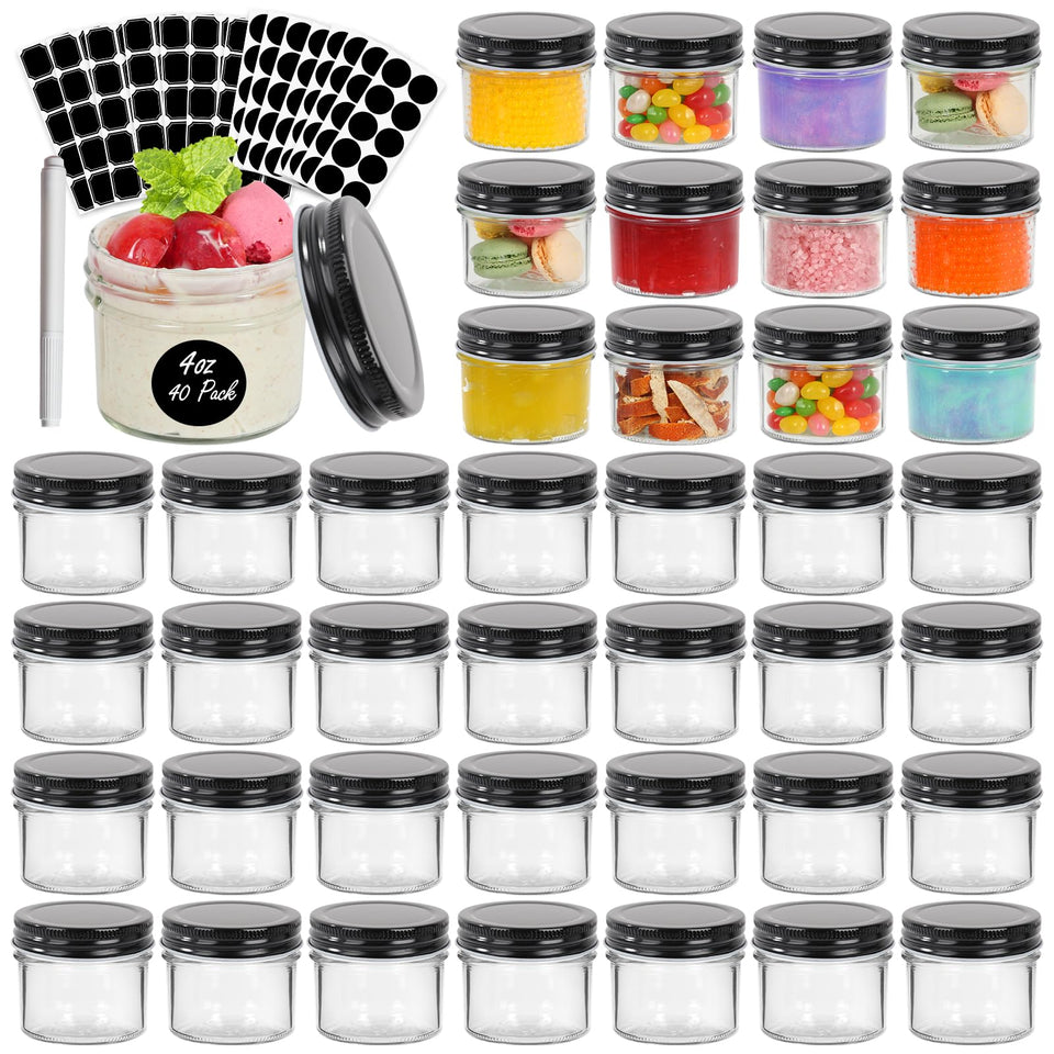 EkkoVla 40-pack 4oz jars with black lids for versatile storage