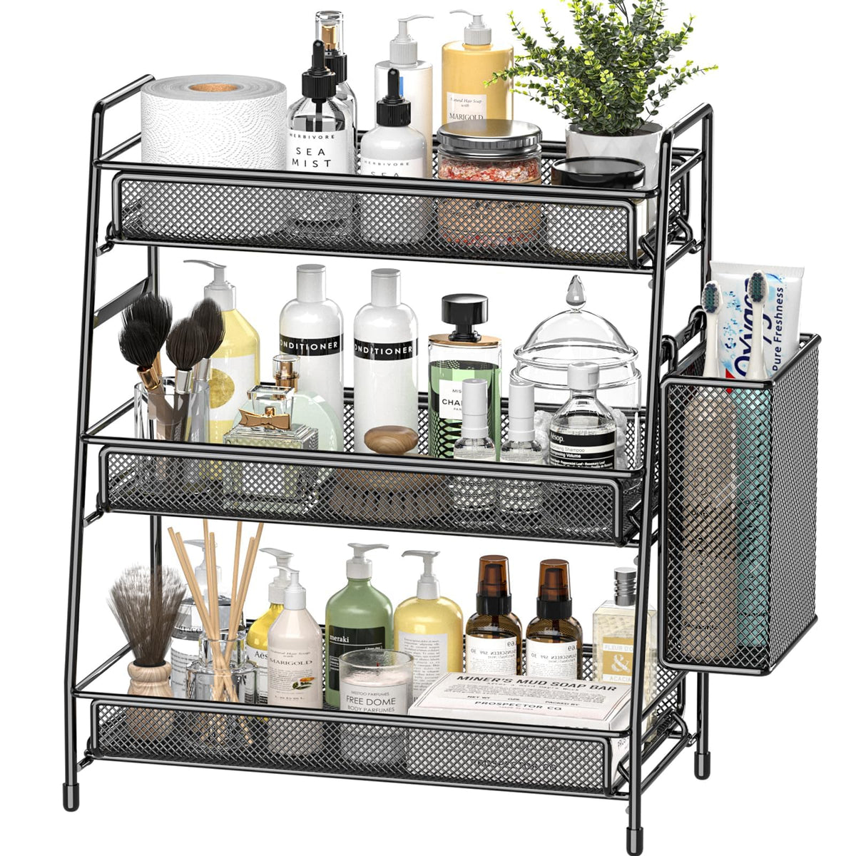 EKNITEY 3-tier counter organizer with metal rack keeps items tidy.