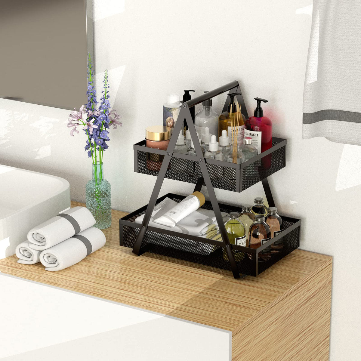 EKNITEY metal kitchen storage basket keeps spices and snacks organized.