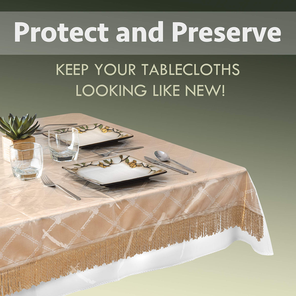 Elaine Karen crystal-clear vinyl protector preserves table look while guarding against spills.