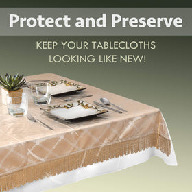 Elaine Karen crystal-clear vinyl protector preserves table look while guarding against spills.