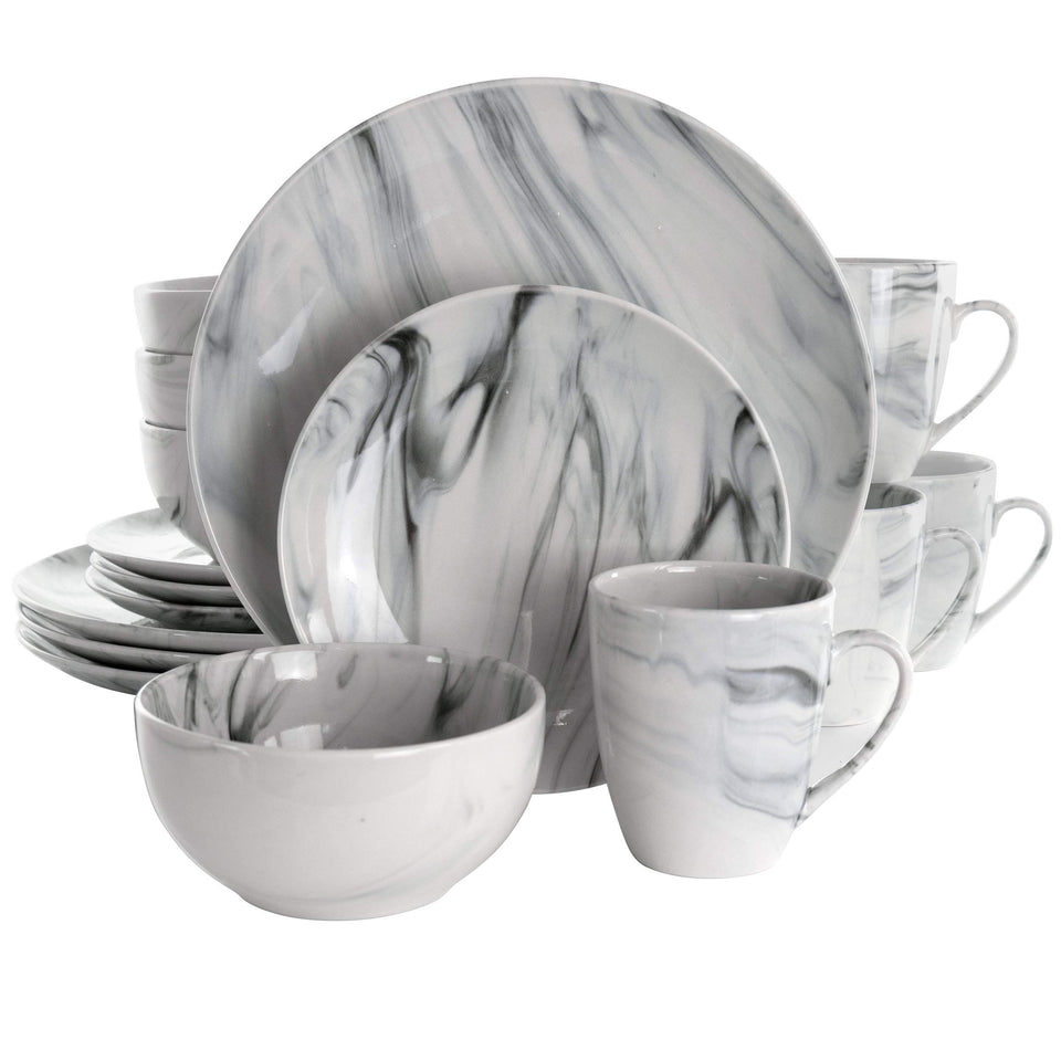 Elama Fine Marble 16-piece set showcases black and white tones for versatile everyday dining.