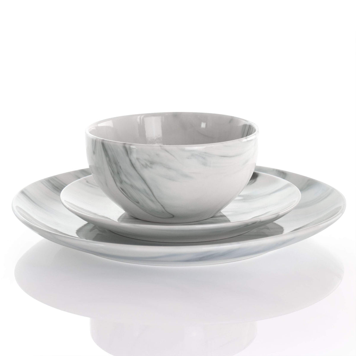 Elama Fine Marble dinner plate close-up highlighting marble pattern and glaze shine.