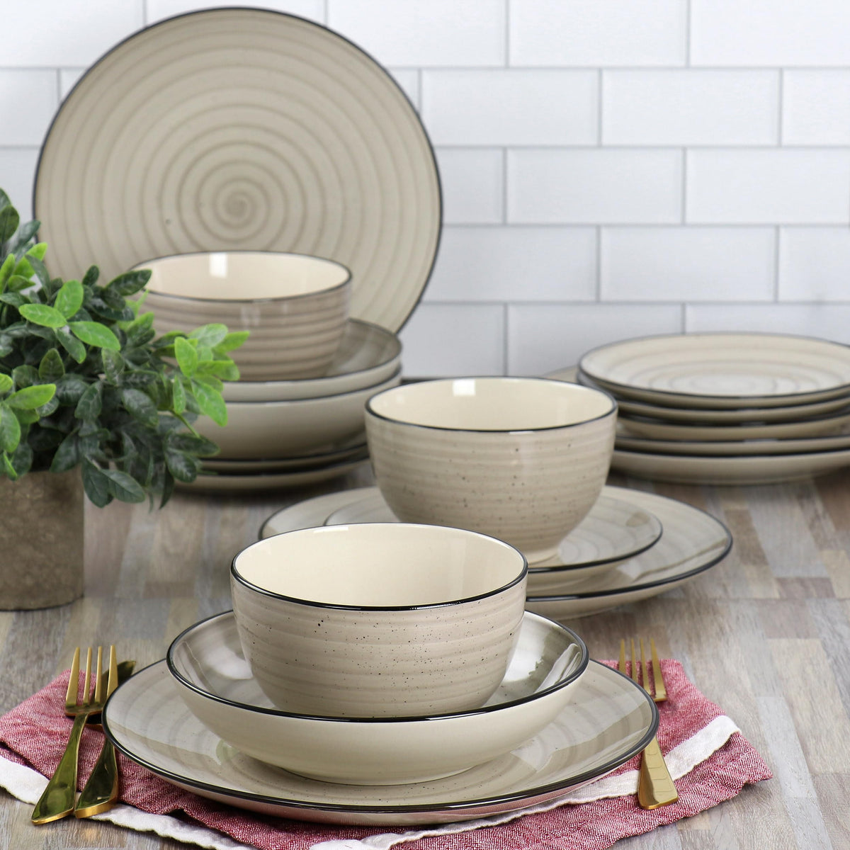 Elama Gia stackable dinnerware keeps cabinets tidy during gatherings