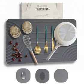 Elarions diatomaceous-earth dish drying mat setup showing ample 24x16 surface for dishes