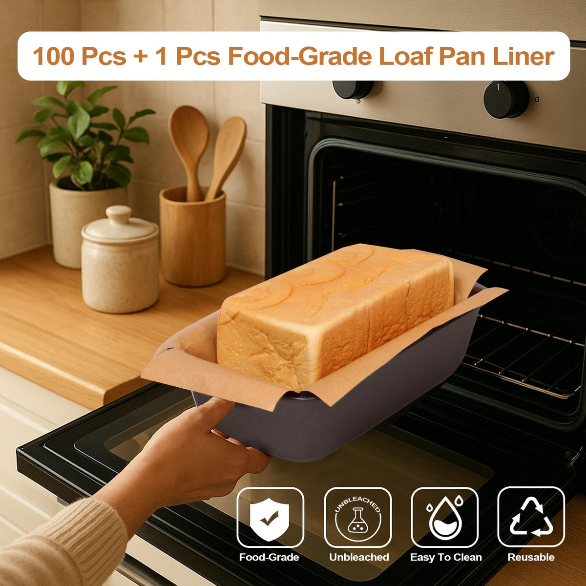 Eldosilk silicone sling for loaf pan enables safe lifting and even loaf release.