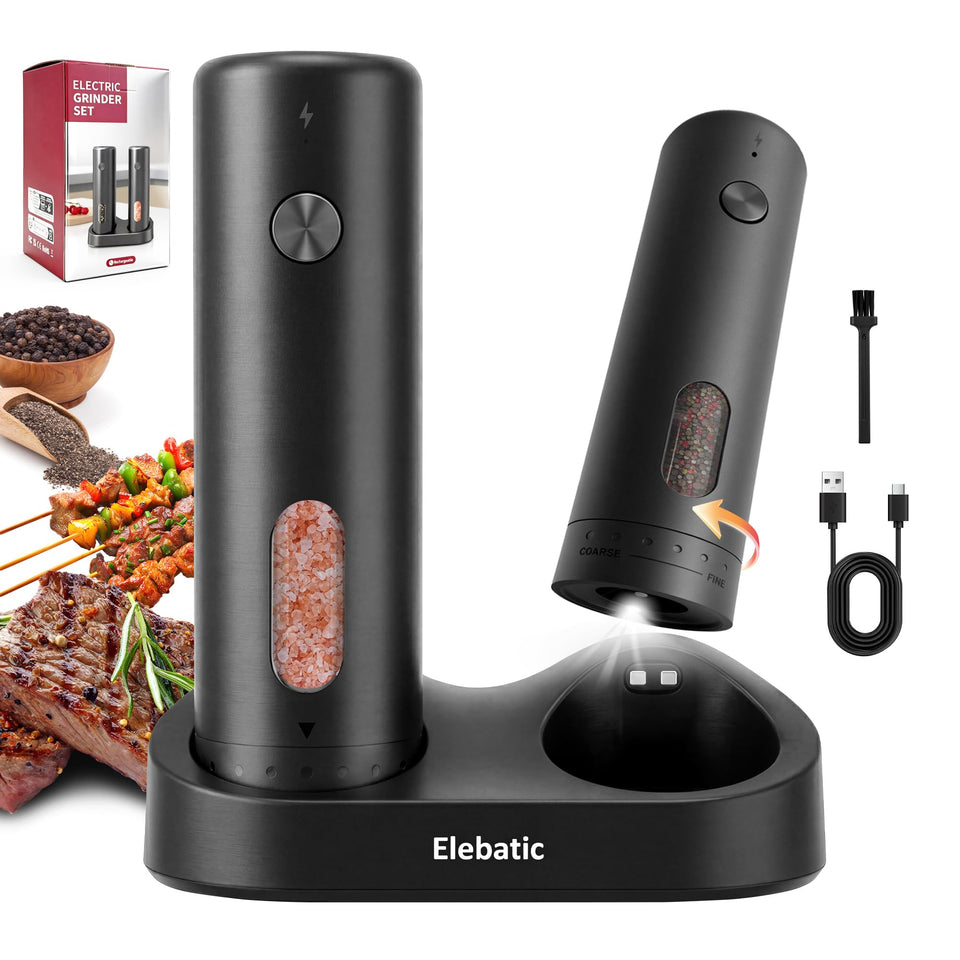 Elebatic electric salt and pepper grinders front view, highlighting sleek design for easy kitchen use.