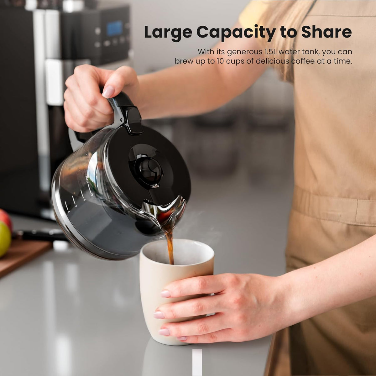 Electactic 1.5L water tank and 220g hopper support larger family brews.