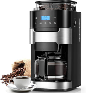 Electactic 10-cup coffee maker with built-in grinder for fresh grounds.