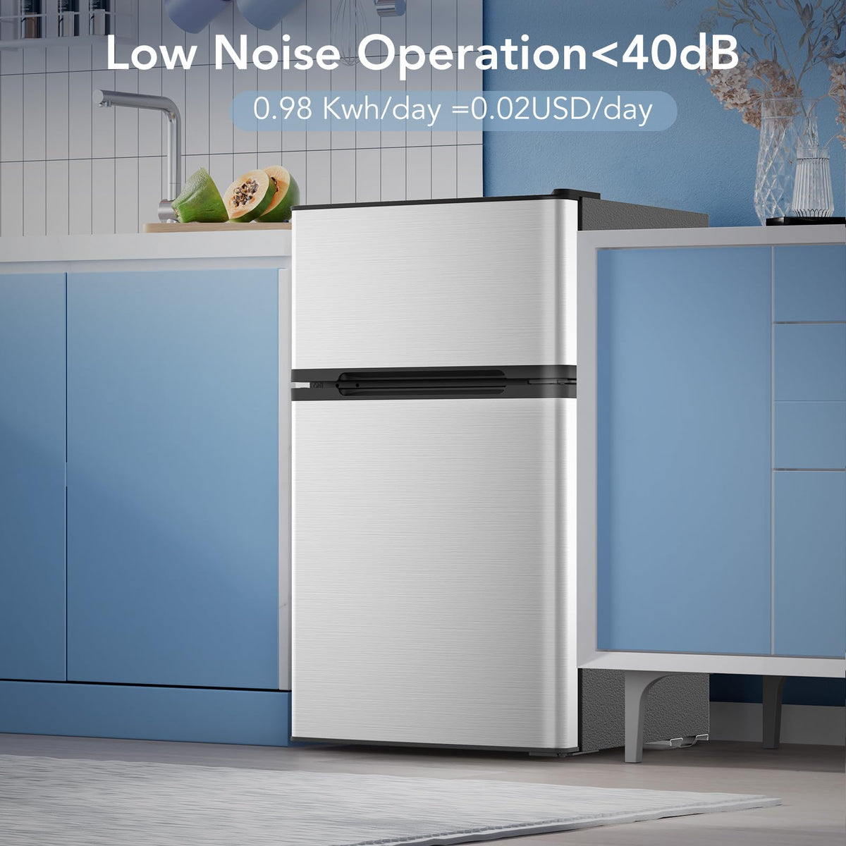 Electactic compact fridge with adjustable glass shelves for flexible storage.