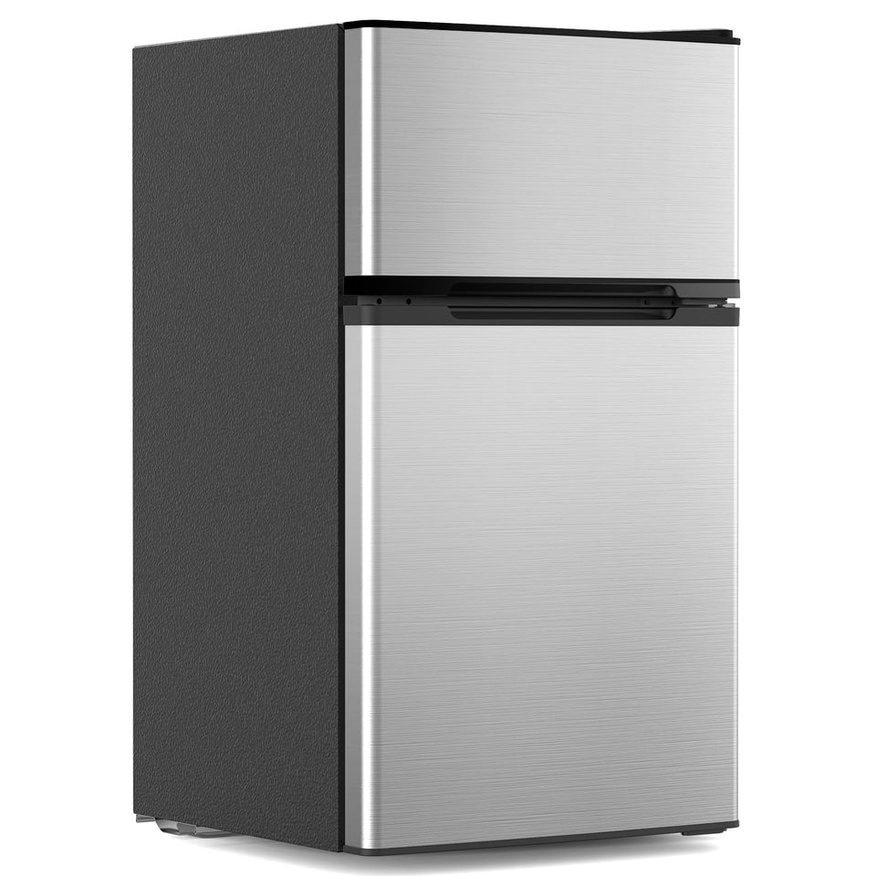 Electactic 3.1 cu ft mini fridge front view in stainless steel, ideal for dorm or office storage.