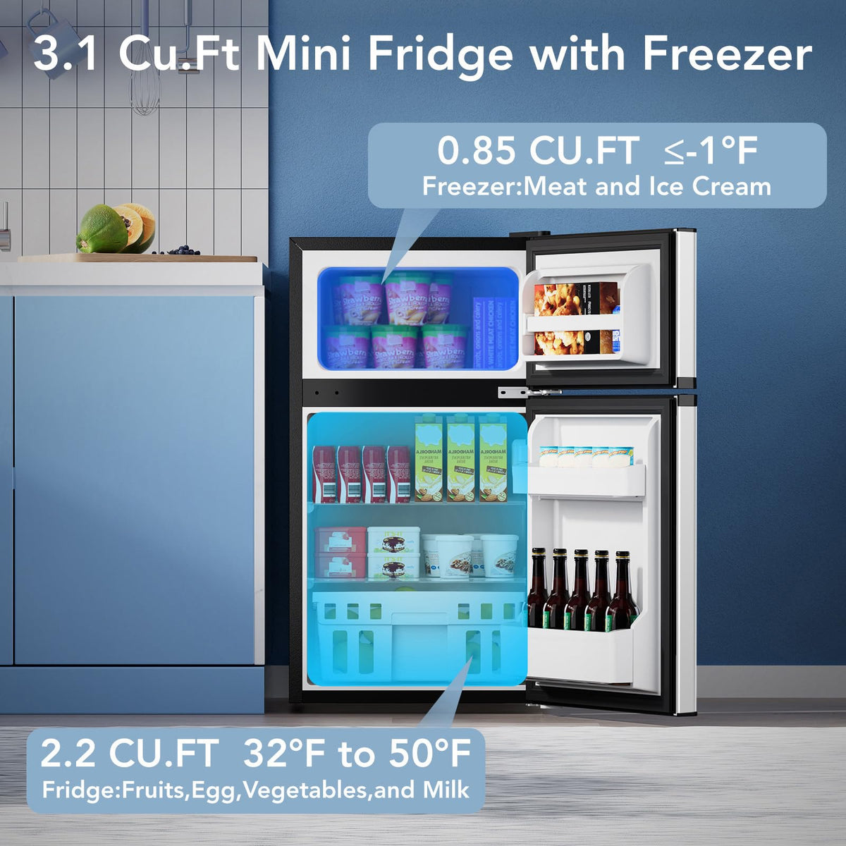 Electactic mini fridge interior with LED light for quick snack access.