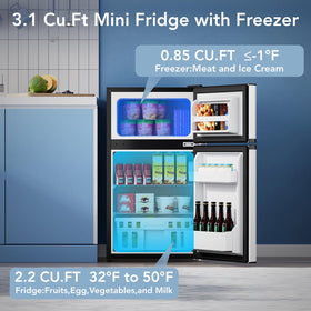 Electactic mini fridge interior with LED light for quick snack access.