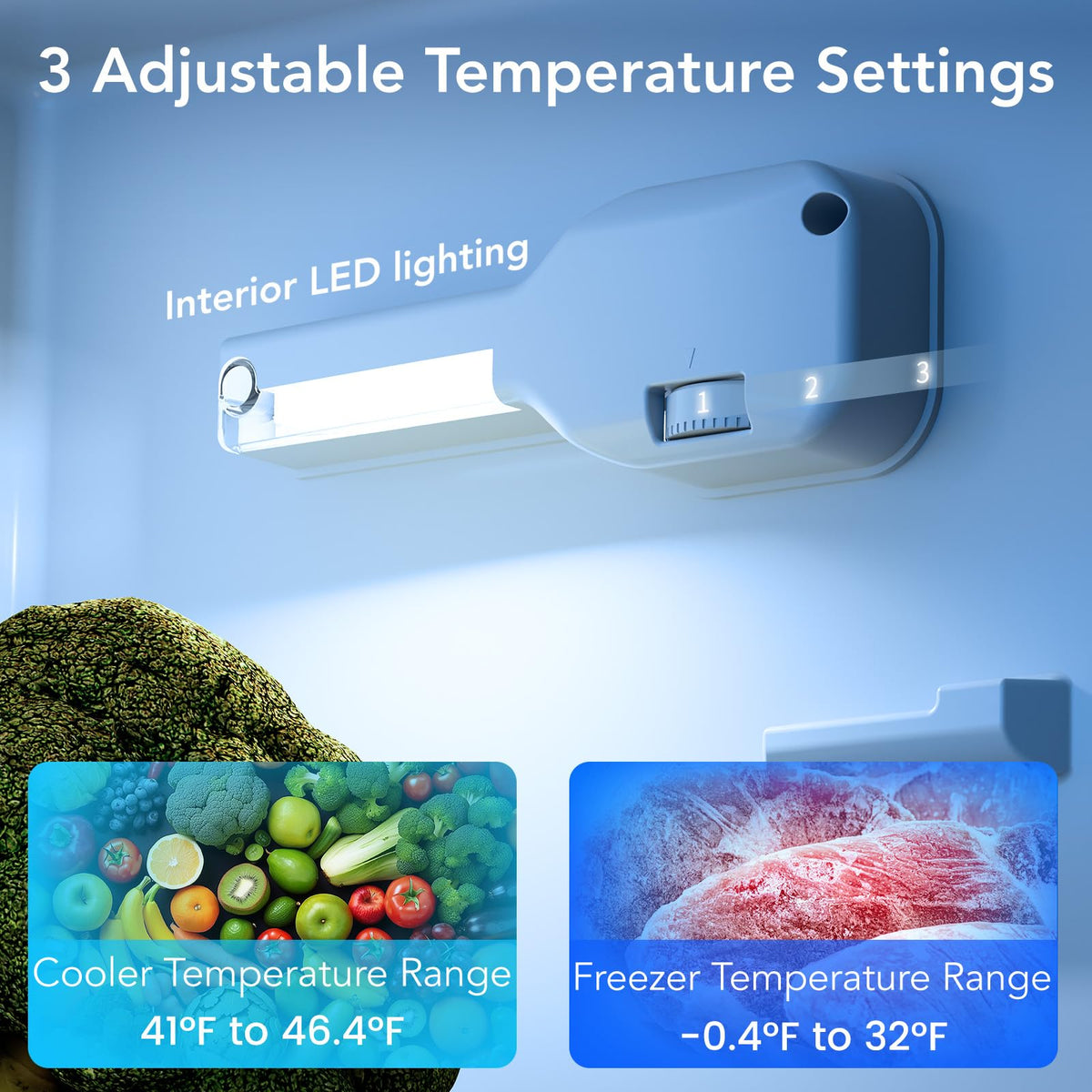 Electactic dual compartments separate fridge and freezer for organized meals.