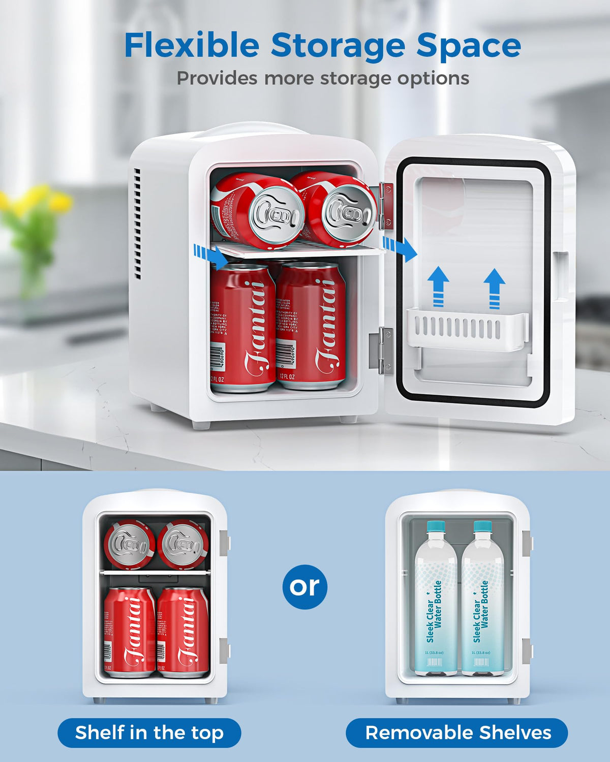 Electactic 4L mini fridge in dorm setting showing compact storage for skincare and drinks.