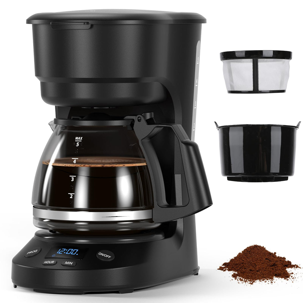 Electactic 5-Cup coffee maker with digital clock for compact home brewing.
