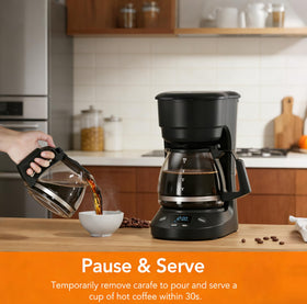 Electactic 5-Cup Coffee Maker digital display for easy time and brew status at a glance.