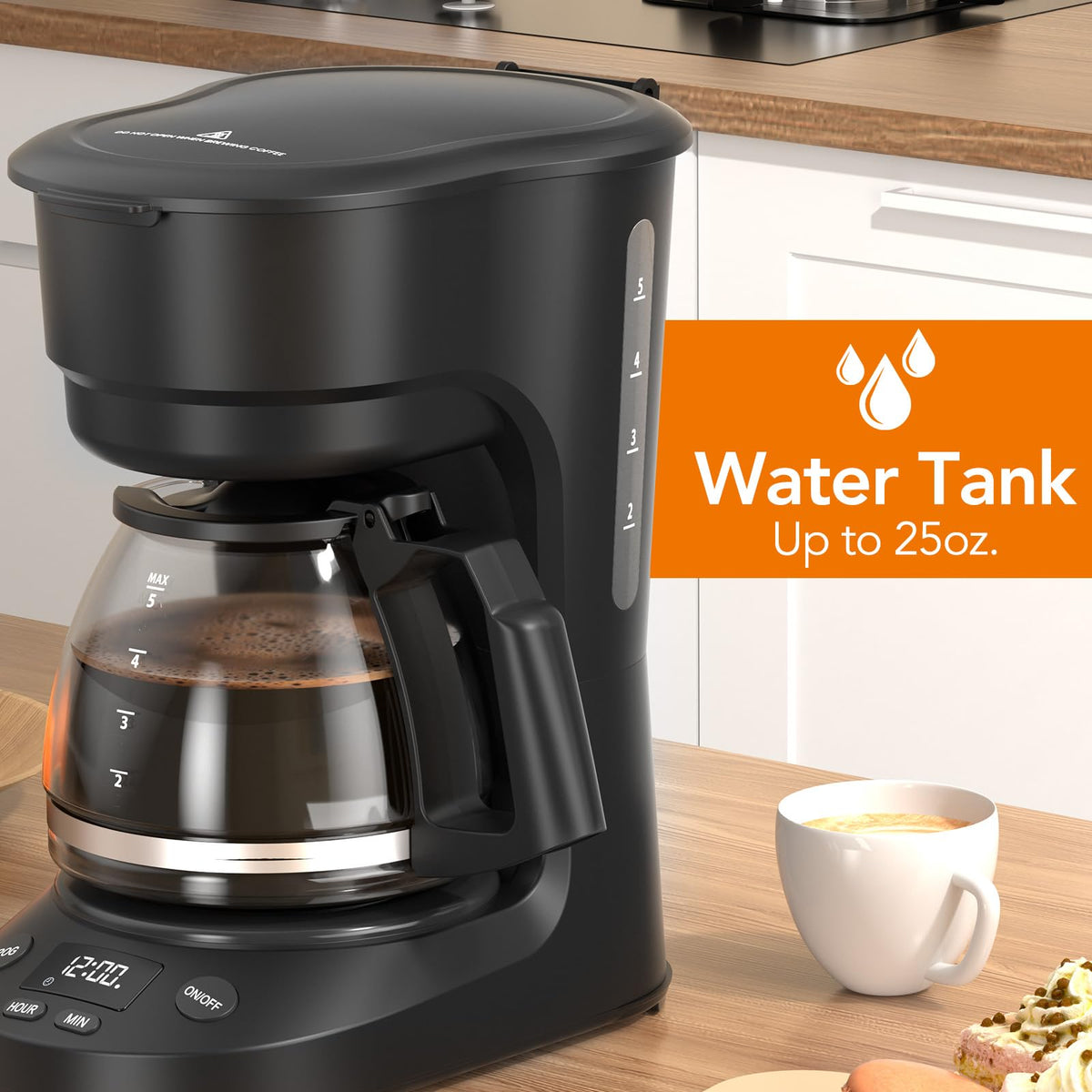 Electactic coffee maker clear water window measuring water level at a glance.