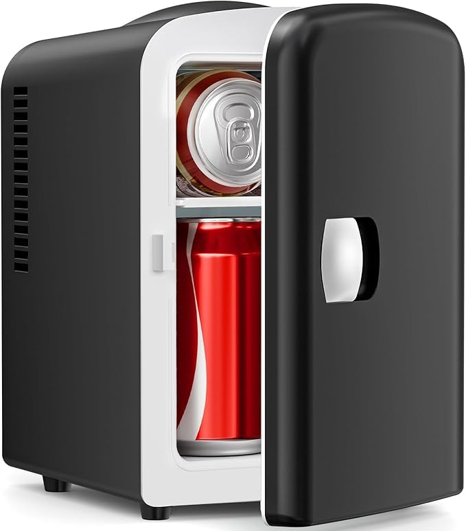 Electactic compact fridge exterior in black design keeps beverages and cosmetics cool in small spaces.