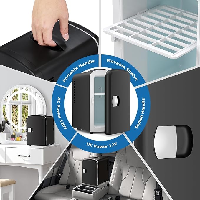 Electactic interior with removable shelf enables organized skincare and snack storage.
