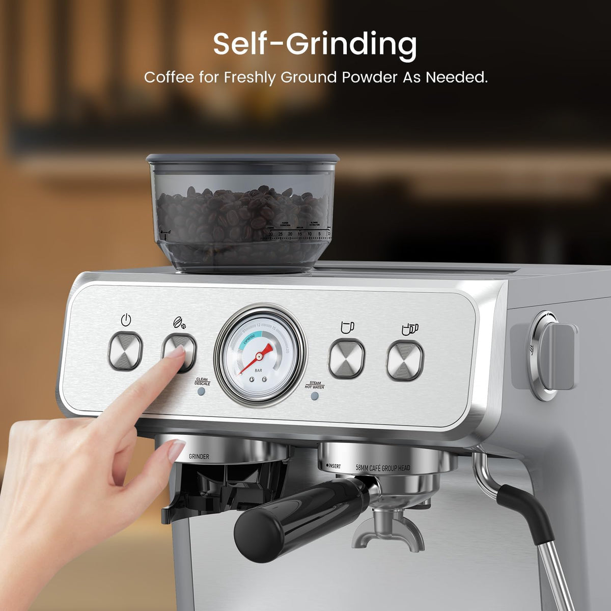 Electactic espresso machine with 15 bar brewing for rich espresso at home.