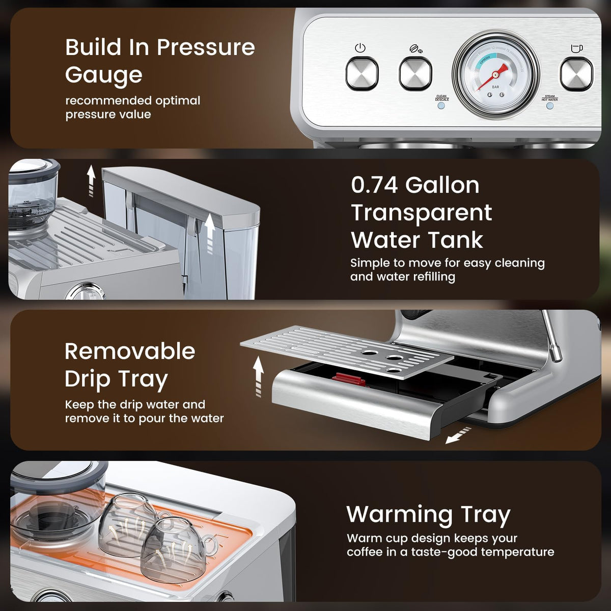 Electactic detachable drip tray enables easy cleaning and maintenance.