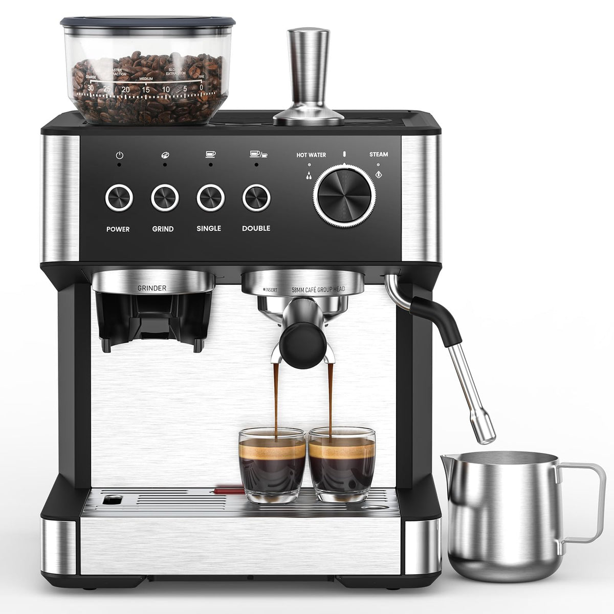 Electactic espresso machine front view in gloss black for a sleek home setup.
