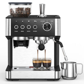 Electactic espresso machine front view in gloss black for a sleek home setup.
