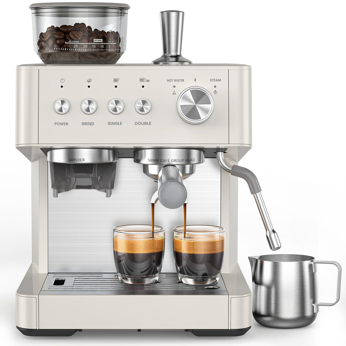 Electactic espresso machine frontal view in white for compact home use