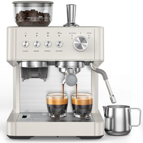 Electactic espresso machine frontal view in white for compact home use