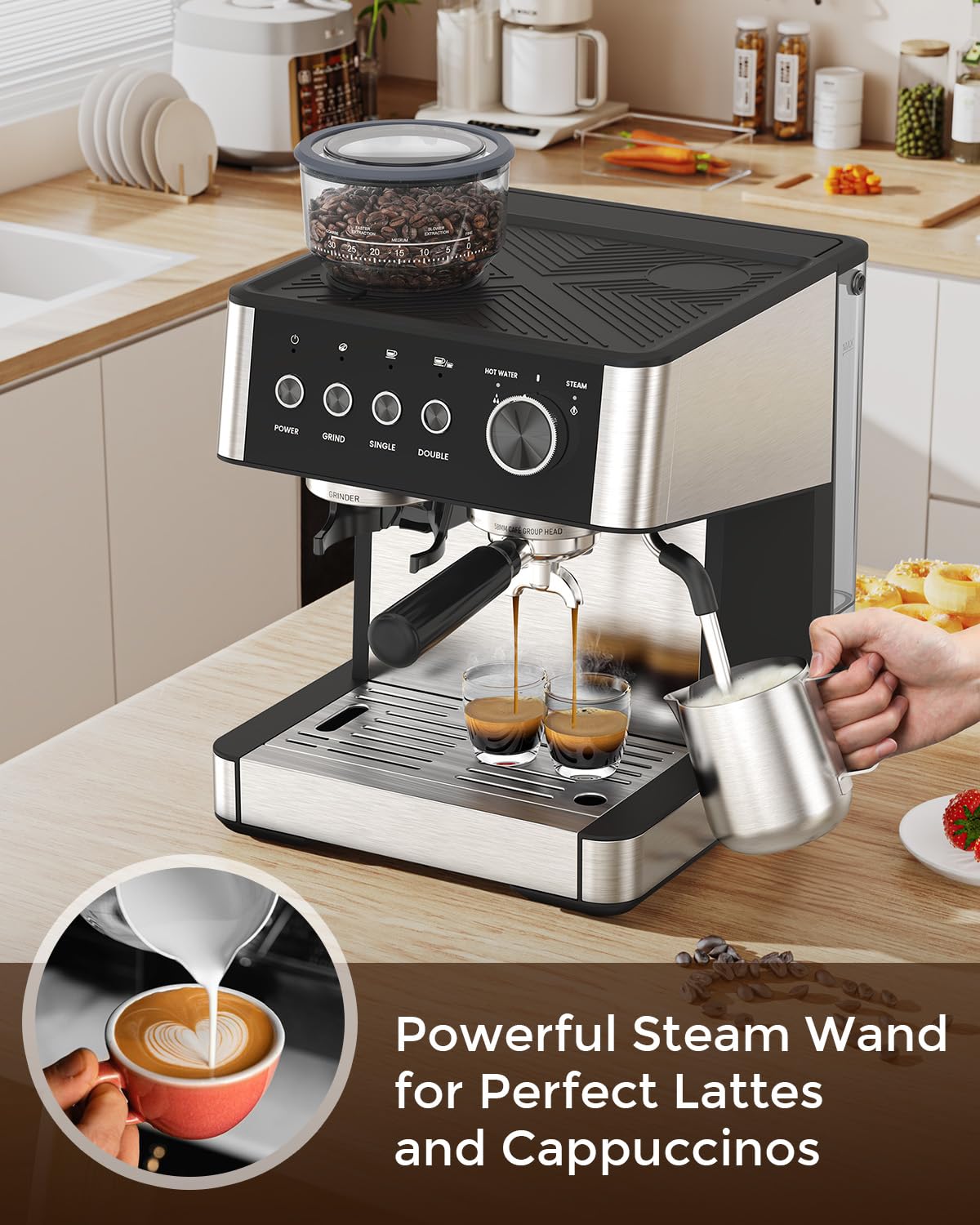 Electactic espresso machine removable water tank emphasizes easy refills and cleaning.
