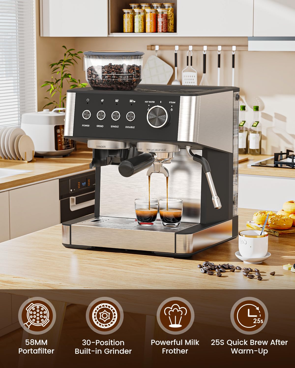 Electactic espresso machine steam wand highlights creamy microfoam for lattes.
