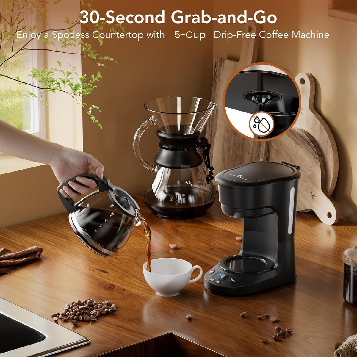 Electactic glass carafe view highlighting easy pouring and brew visibility.