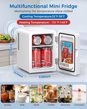 Electactic mini fridge interior layout highlighting 4L capacity for drinks and skincare