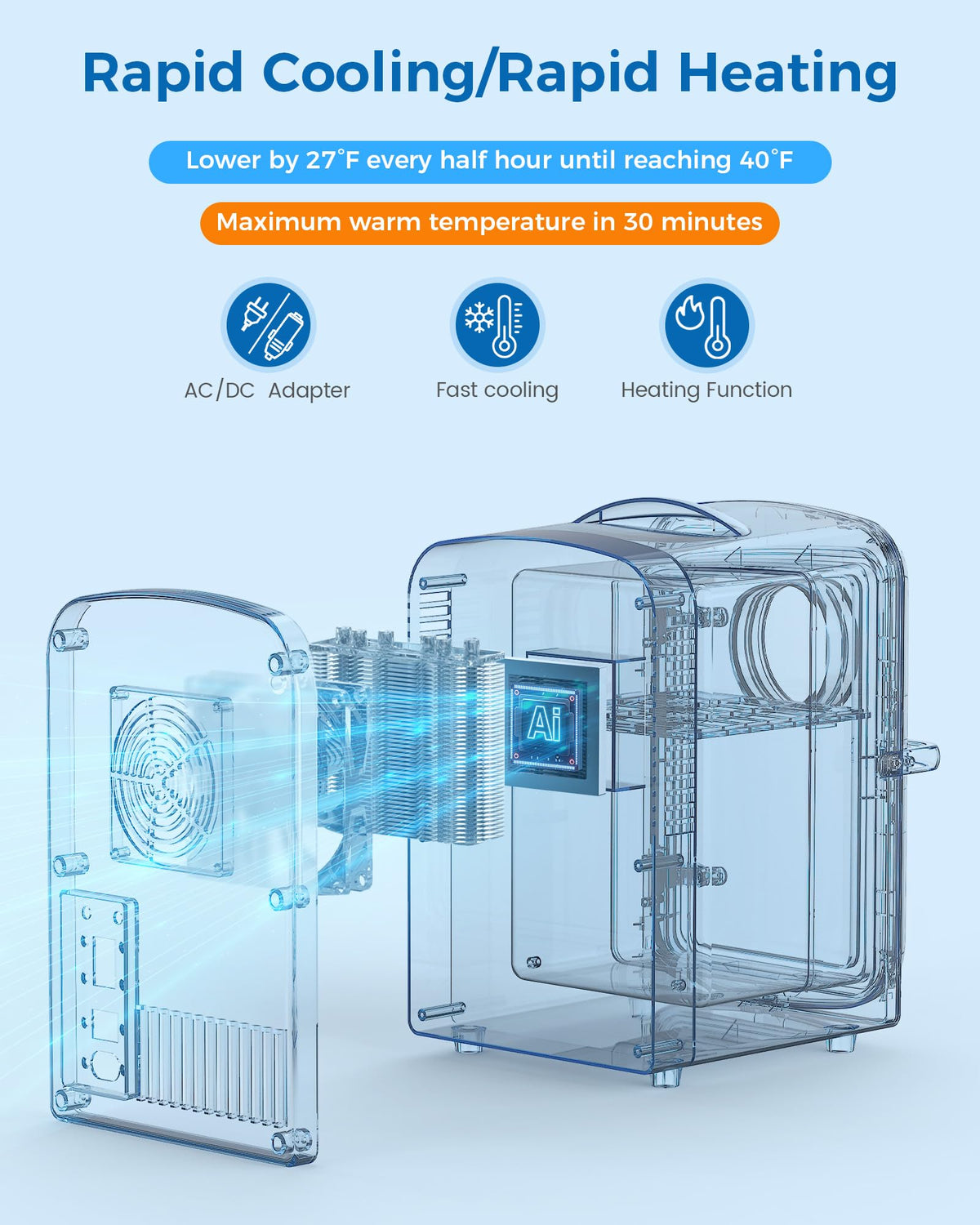 Electactic mini fridge cooling and heating modes demonstrated for beverages and cosmetics.