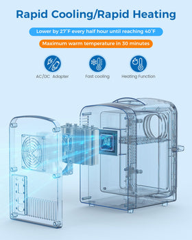 Electactic mini fridge cooling and heating modes demonstrated for beverages and cosmetics.