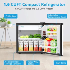 Electactic dorm office setup with compact fridge for snacks and drinks.