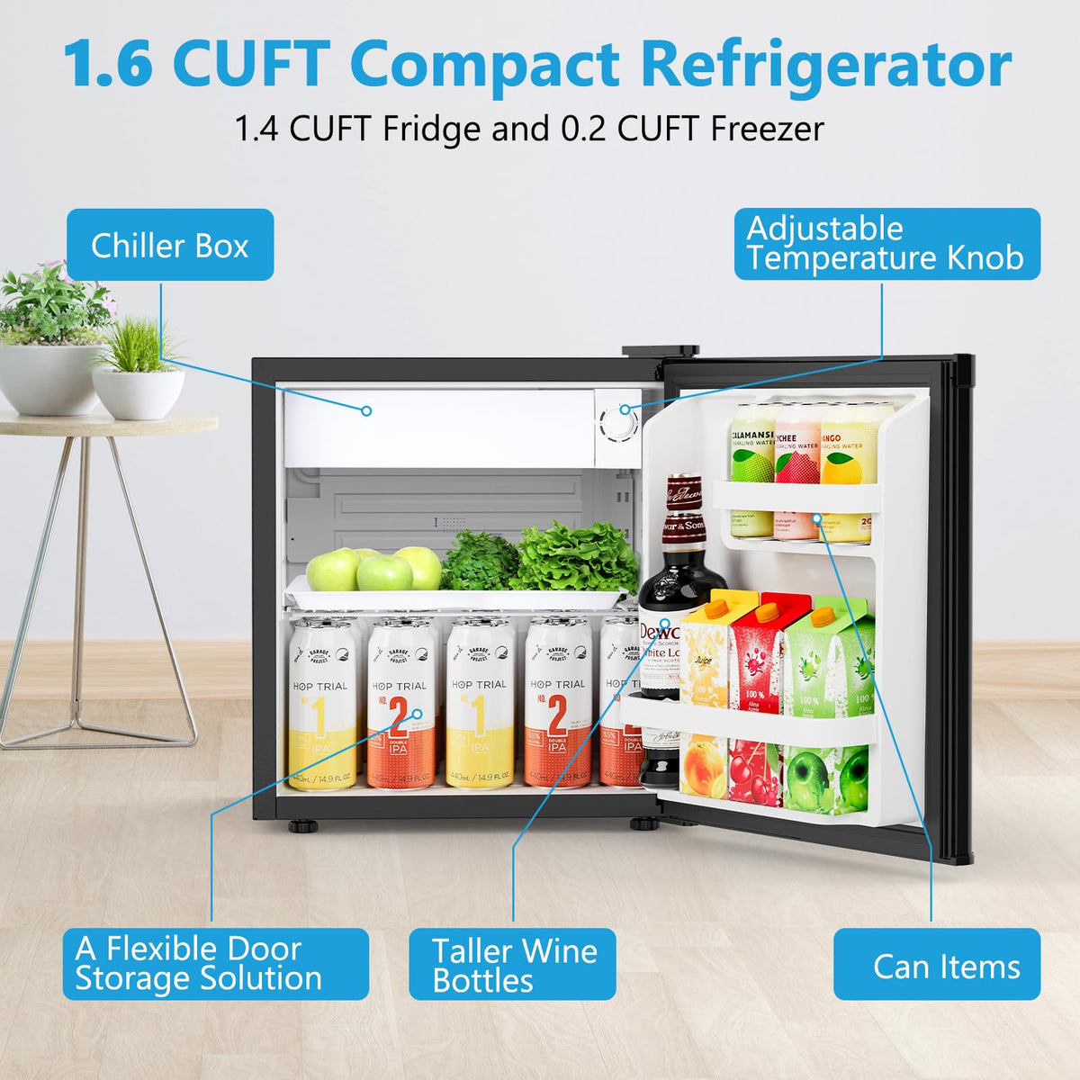 Electactic mini fridge in a dorm room setup ideal for snacks and drinks.