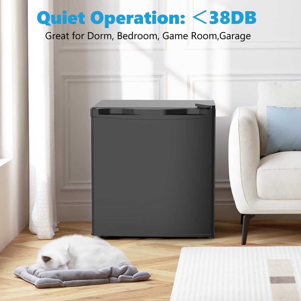 Electactic mini fridge freezer compartment with adjustable temperature for beverages.