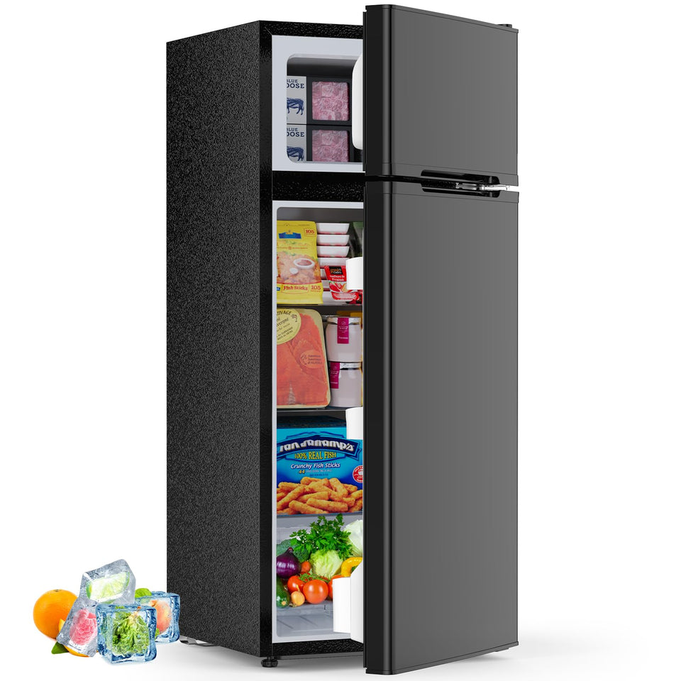 Electactic mini fridge front view showing compact 2-door layout for small spaces.