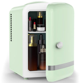 Electactic mini fridge interior layout keeps cosmetics and drinks organized for easy access.