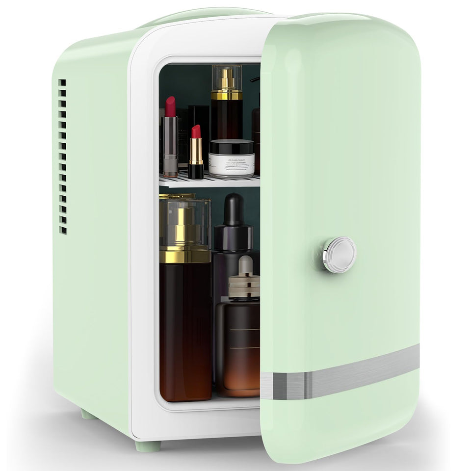 Electactic mini fridge interior layout keeps cosmetics and drinks organized for easy access.