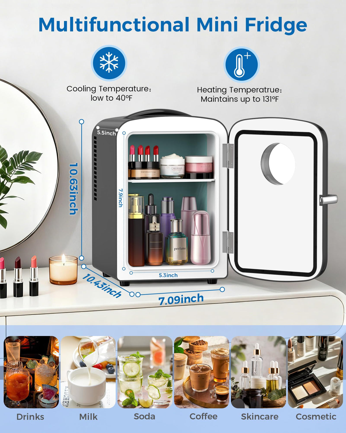 Electactic mini fridge interior shelves organize skincare and makeup efficiently.