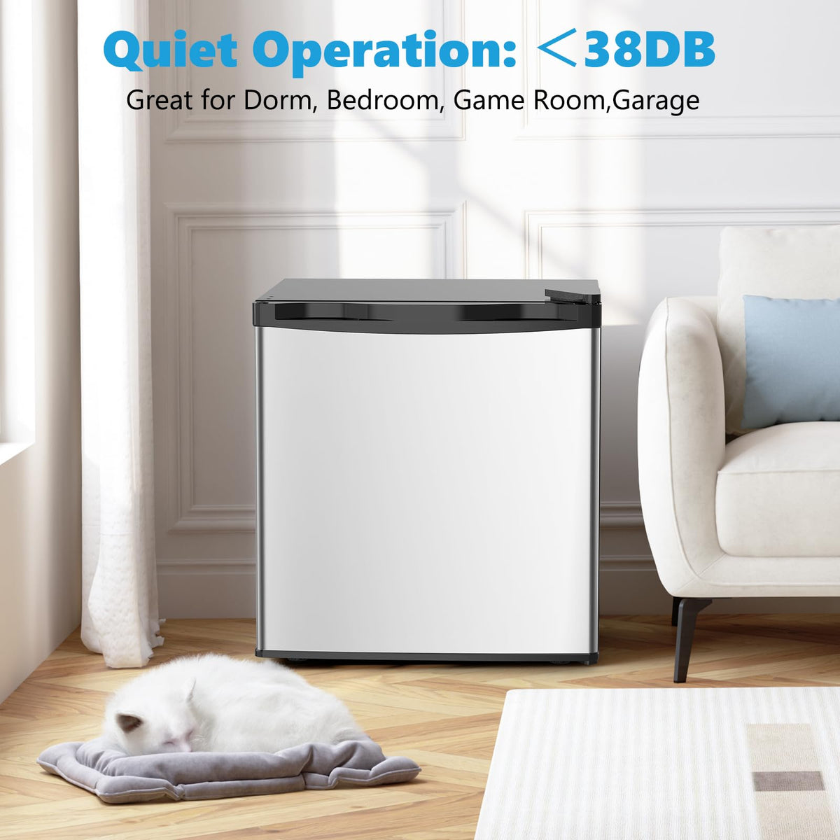 Electactic mini fridge interior showing shelves and freezer, convenient dorm organization.