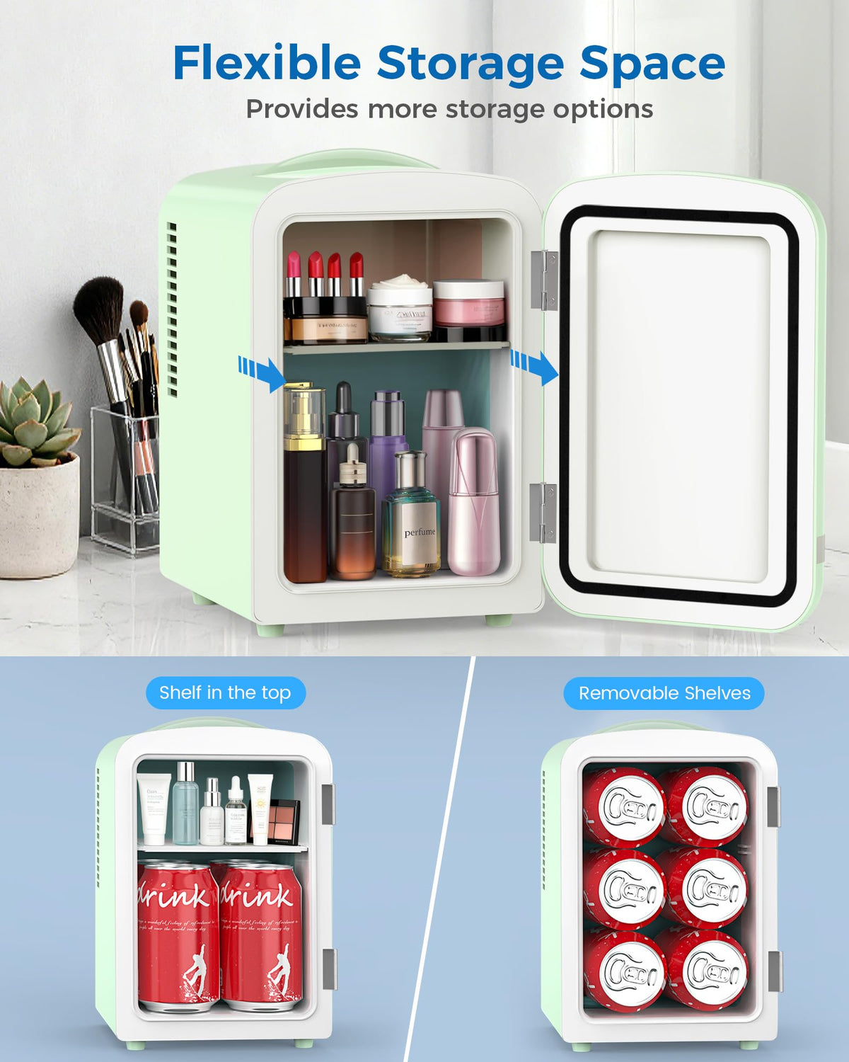 Electactic mini fridge removable shelves allow flexible storage for makeup and medicines.