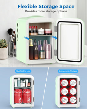 Electactic mini fridge removable shelves allow flexible storage for makeup and medicines.