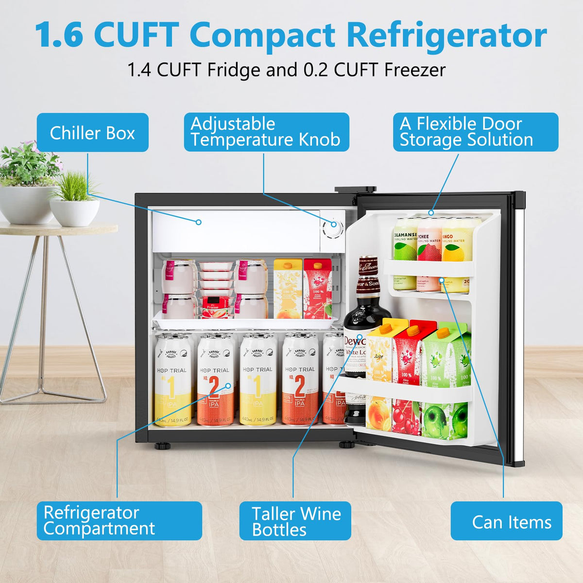 Electactic mini fridge with reversible door in silver for flexible placement.